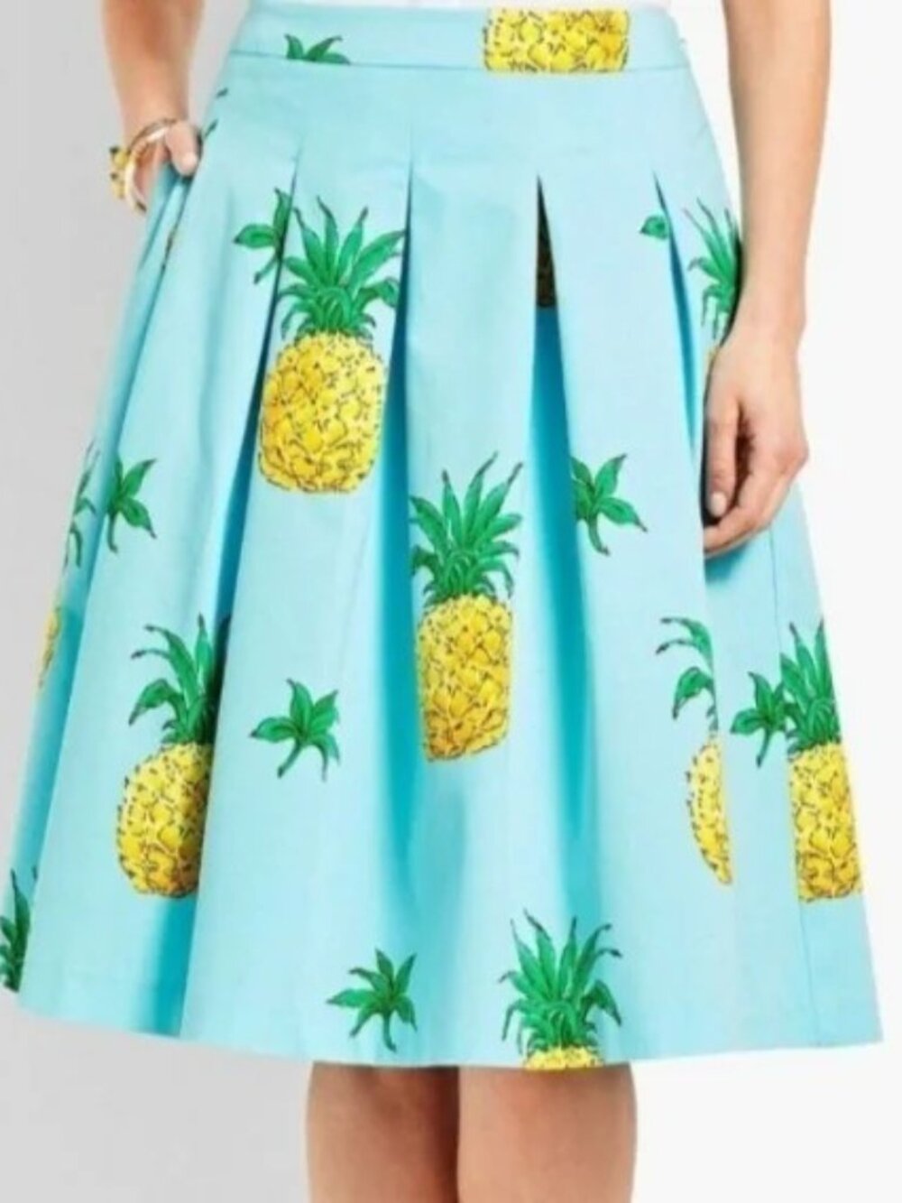 Talbots Pineapple-Print Pleated Full Skirt Teal Yellow Sz 8 Fruitcore Resort